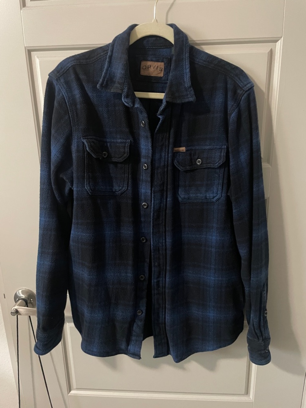 Orvis Men's Navy and Black Plaid Button-Down Shirt